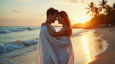 Couple embracing at sunset beach