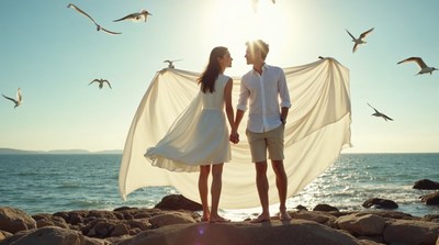 Couple holding fabric on beach with seagulls