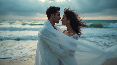 Couple embracing on beach at sunset
