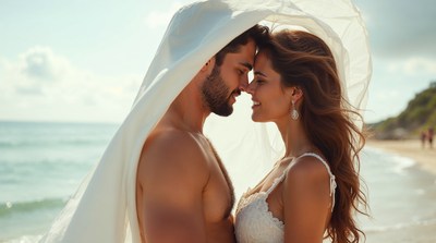 Bride and groom nose-to-nose on beach