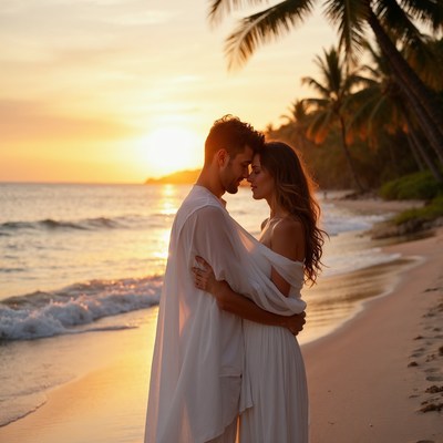 Couple embracing on sunset beach