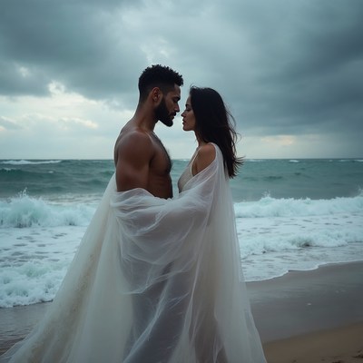 Muscular man and woman embracing on beach