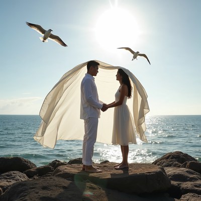 Bride and groom under veil with seagulls