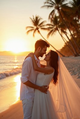 Bride and groom embracing on beach sunset