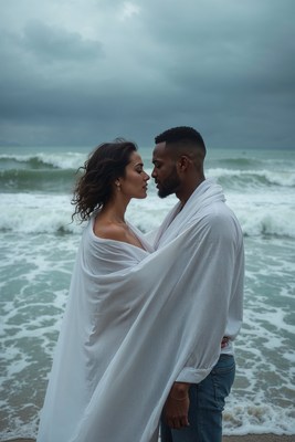 Interracial couple kissing by ocean waves