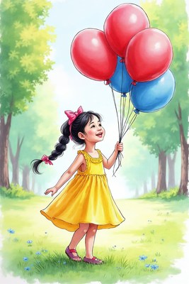 Asian girl holding red blue balloons