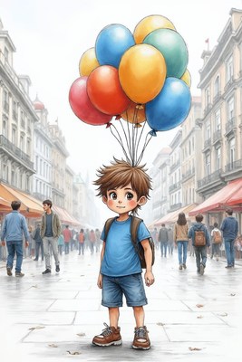 Boy holding colorful balloons in street