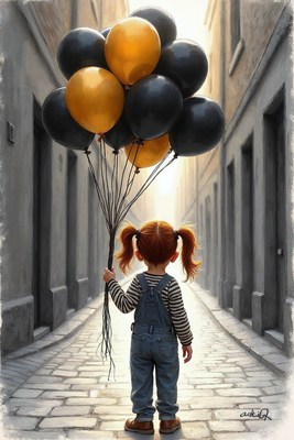 Girl holding black and gold balloons in alley