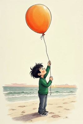 Boy holding orange balloon on beach