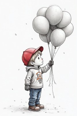Boy holding white balloons