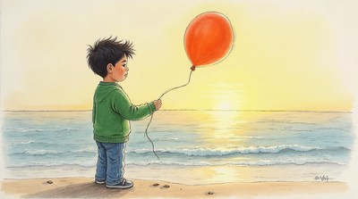 Asian boy holding red balloon beach sunset
