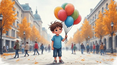 Boy holding colorful balloons autumn street