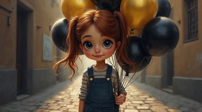 Girl holding black and gold balloons