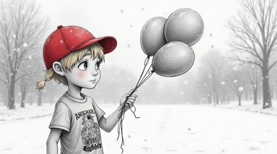 Boy holding balloons in snowy park