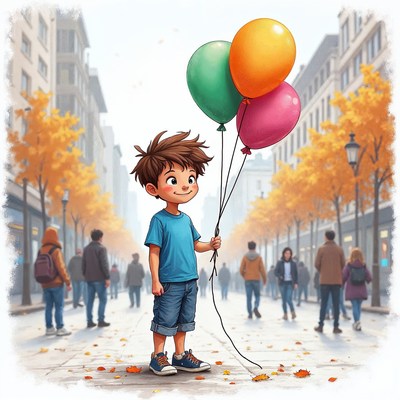 Boy holding colorful balloons on autumn street