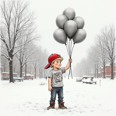Boy holding gray balloons in snowy street