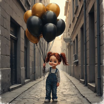 Girl holding black gold balloons alley