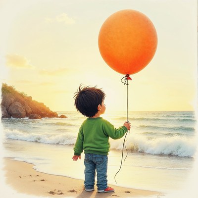 Boy holding orange balloon on beach