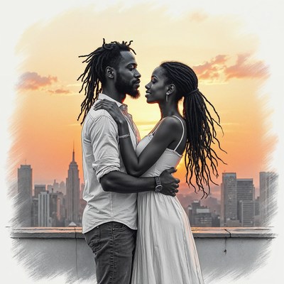 African-American couple embracing at sunset