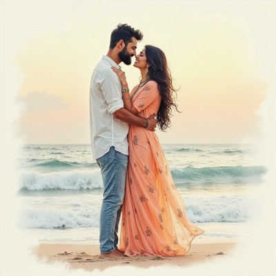 Indian couple embracing on beach