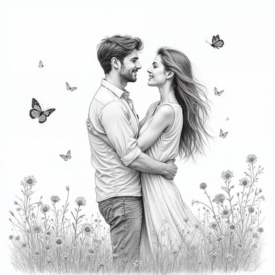 Romantic couple embracing with butterflies
