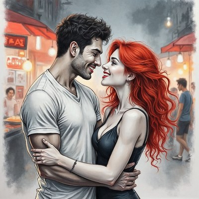 Romantic couple embracing rainy street