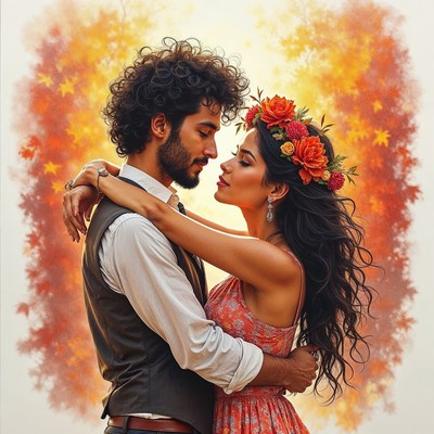 Romantic couple embracing with flower crown