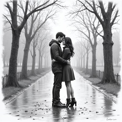 Couple embracing on rainy tree-lined path