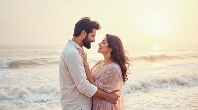 Indian couple embracing on beach at sunset