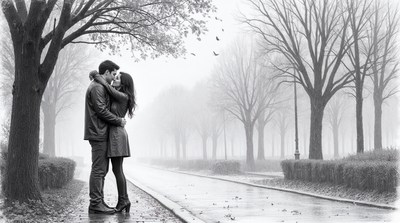 Couple kissing under autumn trees