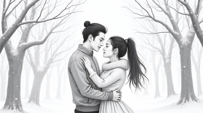 Asian couple embracing in snowy forest