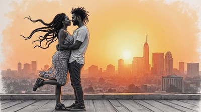 African-American couple embracing at sunset skyline