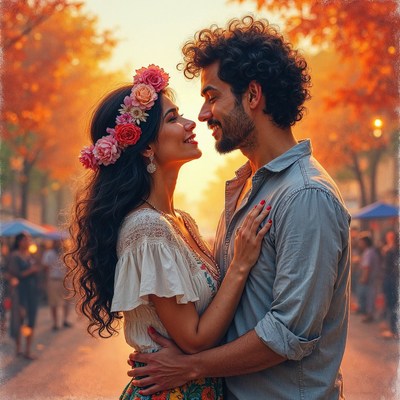 Romantic couple embracing autumn sunset