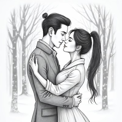 Couple Eskimo Kissing in Snowy Forest