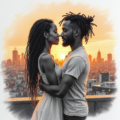 Black couple embracing at sunset skyline