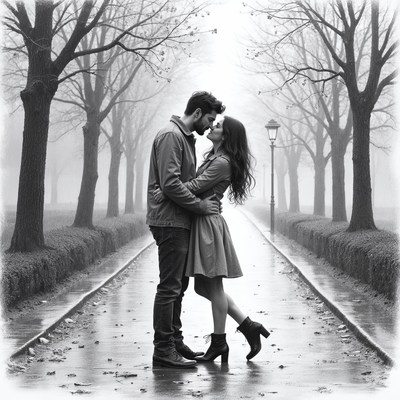 Couple embracing on foggy pathway