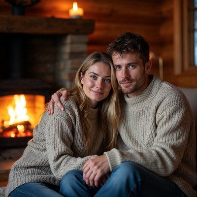 Couple embracing by cozy fireplace
