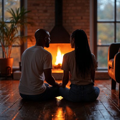 African-American couple sitting by fireplace