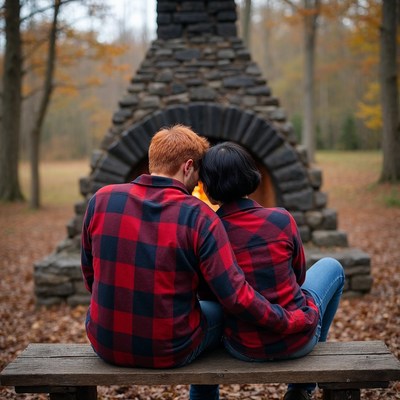 Couple sitting by stone fireplace in autumn woods