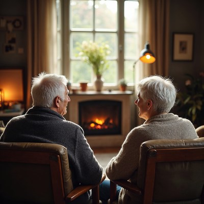 Elderly couple relaxing by fireplace
