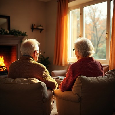 Elderly couple sitting by fireplace