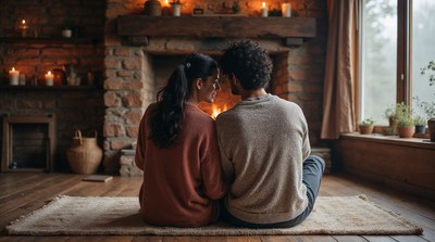 Couple sitting by cozy fireplace