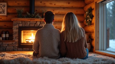 Couple sitting by cozy fireplace