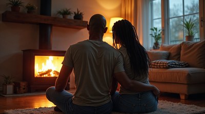 African-American couple sitting by fireplace