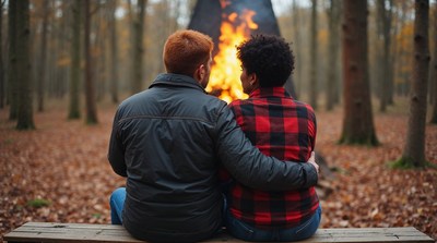 Interracial couple by campfire in forest