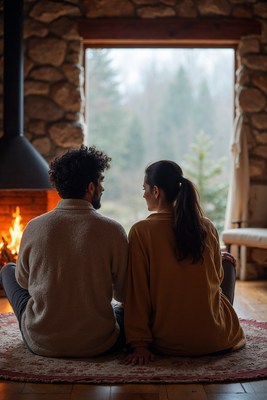 Couple sitting by fireplace in cabin