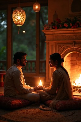 Indian couple holding hands by fireplace