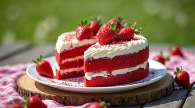 Sliced Red Velvet Cake with Strawberries