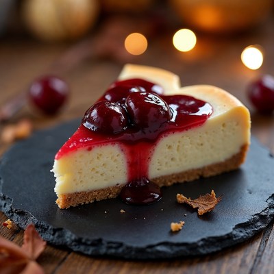 Cherry Cheesecake Slice on Black Slate