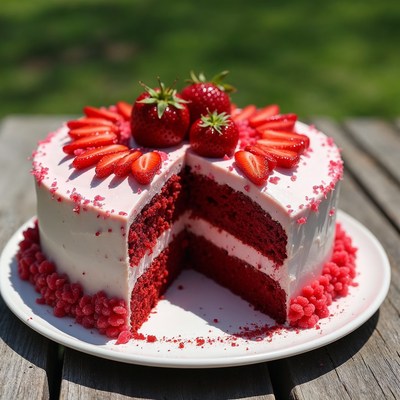 Strawberry Red Velvet Cake Outdoors